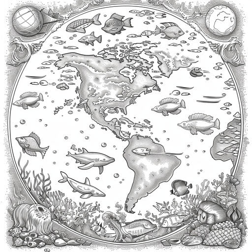 Detailed illustration of Earth with underwater scenes and marine life