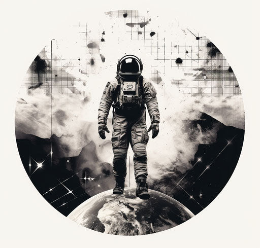 Astronaut in space, geometric style, dark white and black