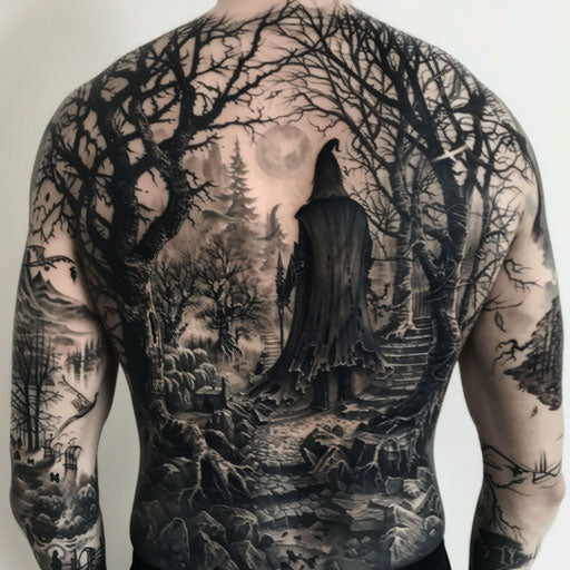 Epic back tattoos with wizards and enchanted forests