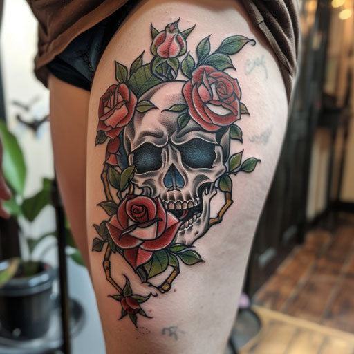 Skull and roses intertwined, neo-traditional tattoo style