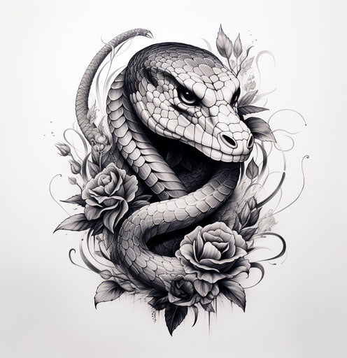 Snake in black and white, a traditional tattoo design, wire style, exotic, realistic