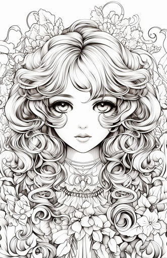 Anime cartoon girl with long hair and brown lashes coloring pages for adults