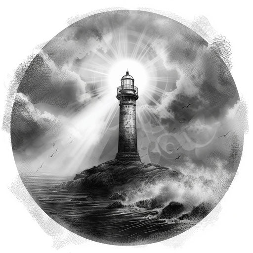 Reflective tattoo sketch of a lighthouse beam cutting through fog