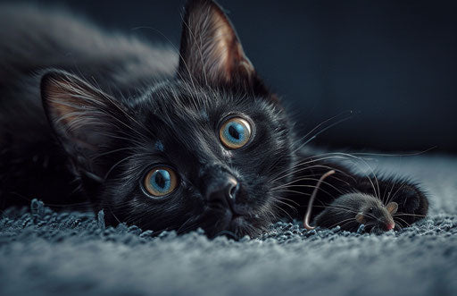 Black cat playing with a mouse surreally, carpetpunk, warmcore photo 17:11