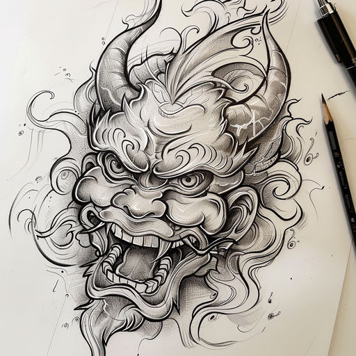 Whimsical flat tattoo sketch of a cartoonish Japanese demon