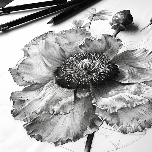 Realistic black and grey poppy tattoo design on white