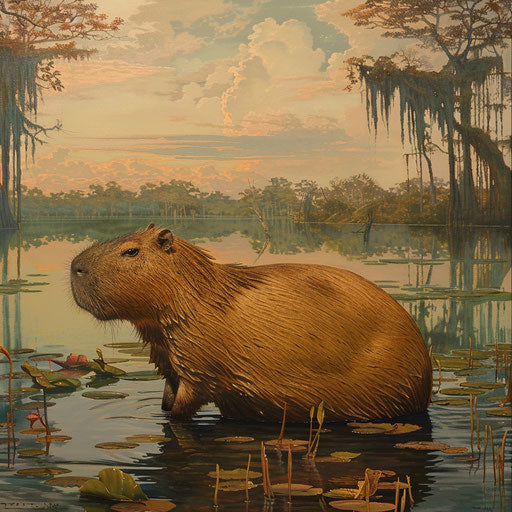 A capybara wading through shallow waters with a serene backdrop