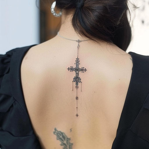 Modern rosary tattoo design, sleek lines on white background