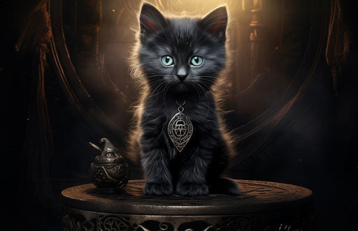 Cute black kitten on black stool, wrapped style