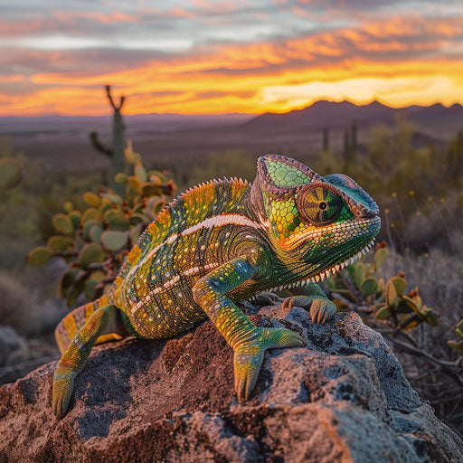 Chameleon on a rocky outcrop in the desert at sunset