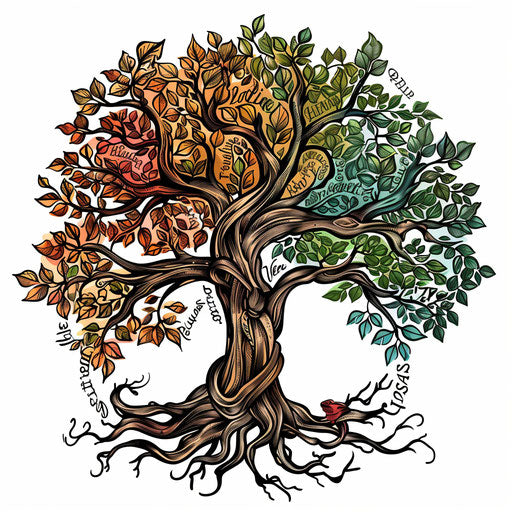 Flat tattoo sketch clipart of a tree with names as leaves, lush greens and vibrant earth tones