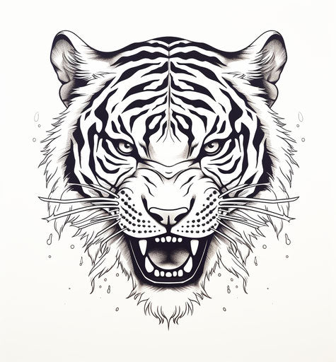 Black and white drawing of a tiger head, screen print style