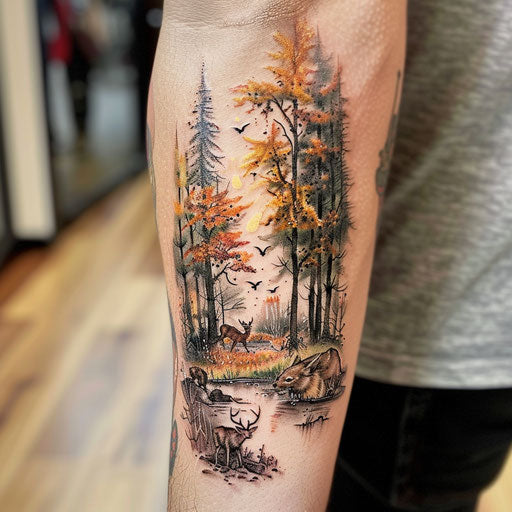 Watercolor tattoo forest landscape with animals