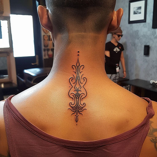 Tribal flames tattoo on neck