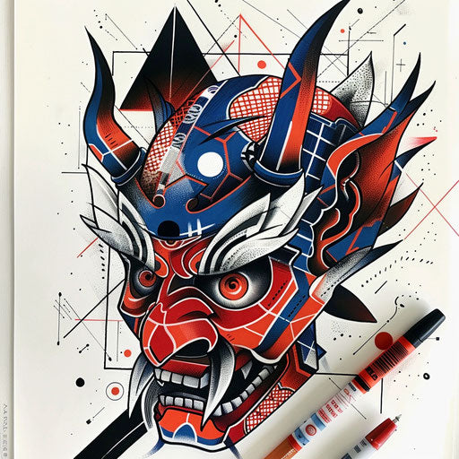 Stylized flat tattoo sketch of a Hannya mask with bold geometric patterns