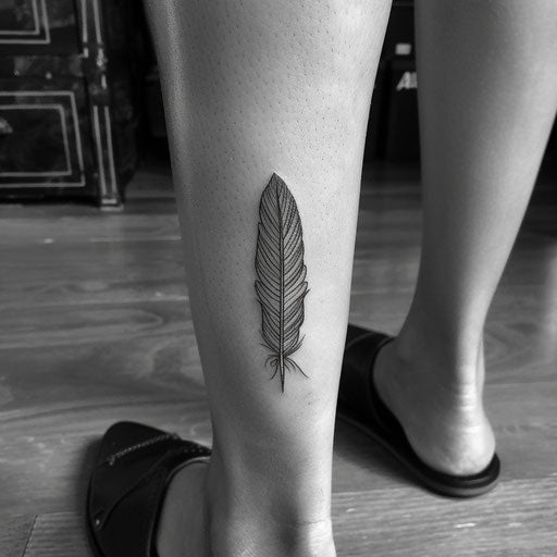 Small feather tattoo, in the style of Ami James