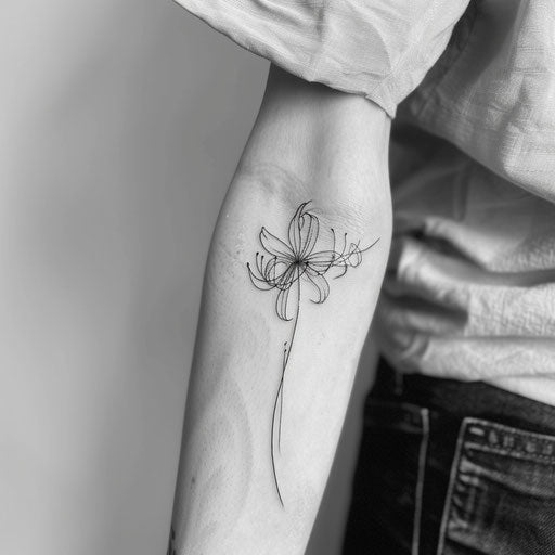 Single line spider lily tattoo on minimalist white background
