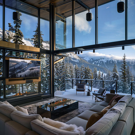 Modern glass and steel mansion with TV and fireplace