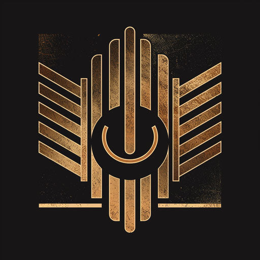 Art Deco logo with bold lines and geometric patterns, in black and gold