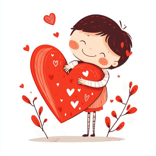 Adorable cartoon character hugging big heart for Valentine's Day