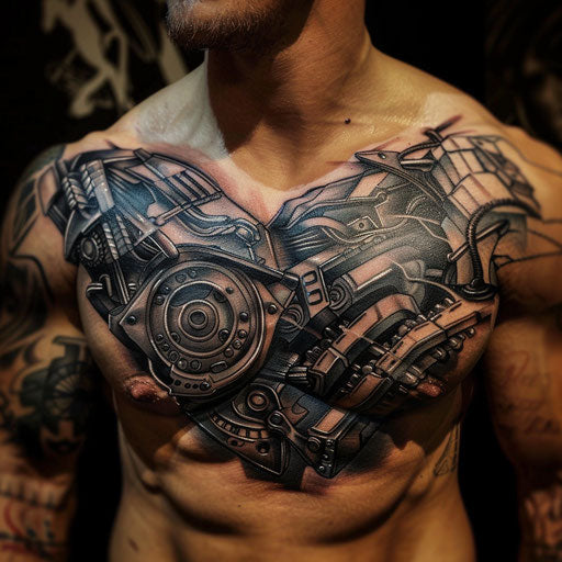 Men's chest tattoo with biomechanical designs