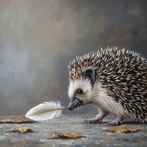 A hedgehog's encounter with a fallen feather, a soft touch to its spiky exterior