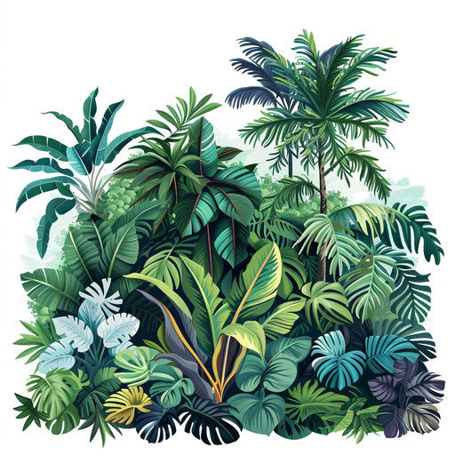 Rainforest clipart in photo realistic style with a flat and white background, modern design and vibrant colors