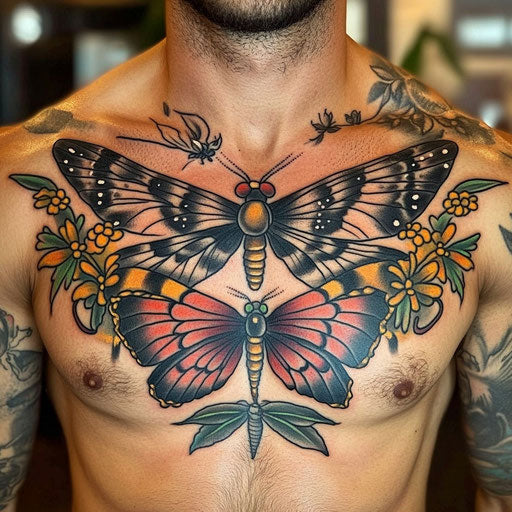 Butterfly tattoo men on chest with a dragonfly companion
