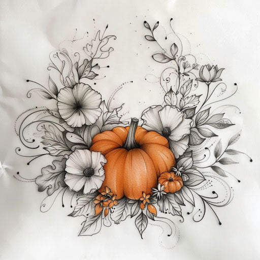 Elegant sketch of a pumpkin surrounded by delicate floral motifs in soft hues