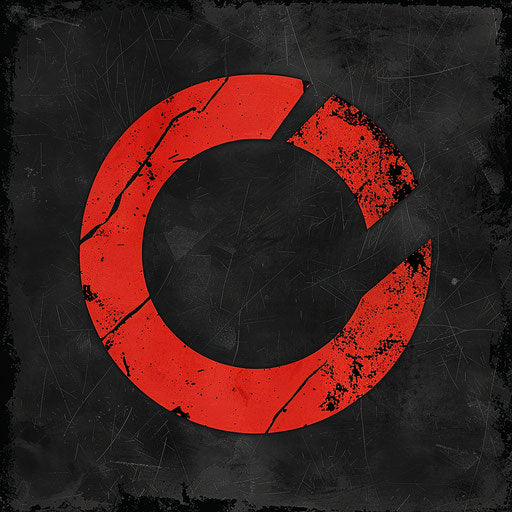 Online logo with rugged textures and bold fonts, black and red tones