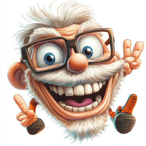 Humorous caricature of a glasses caricature clipart with human characteristics, exaggerated grin teeth, big feet, oversized, vibrant colors, cartoon style, waving, high-resolution, no background, isolated