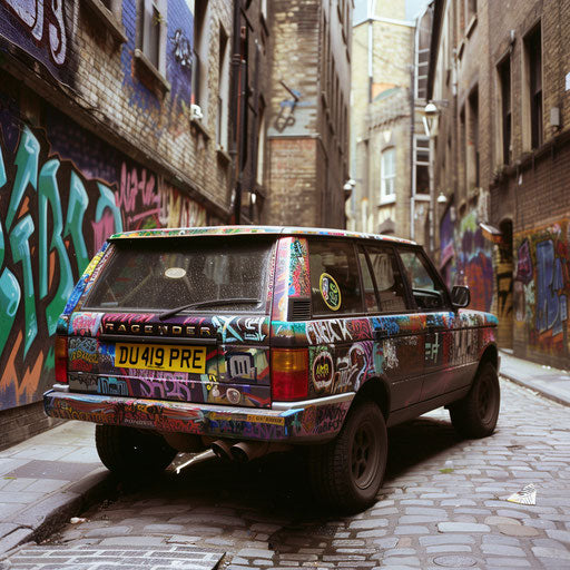 Customized vintage SUV with graffiti art in an urban alley