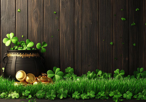 St. Patrick's Day banner with green grass, pot of gold, and clover leaves on a wooden background