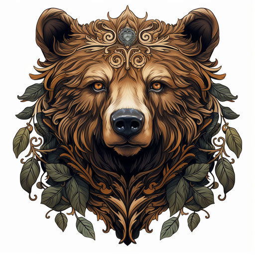 Brown tribal bear in detailed tattoo design