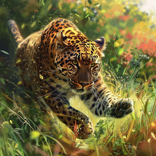 The dynamic scene of an Amur leopard chasing its prey through a vibrant, green meadow.