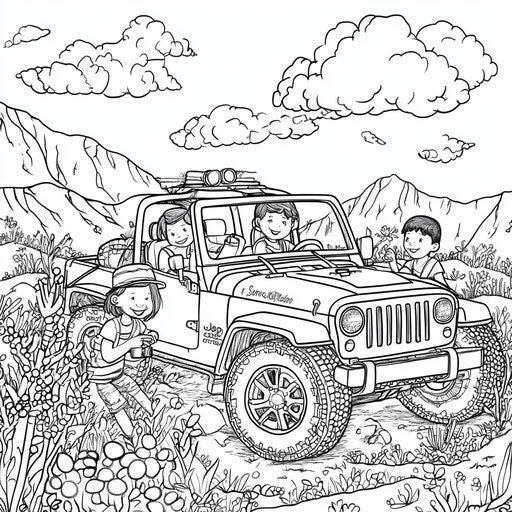 Children playing around a jeep, Mindy Sommers style, coloring page