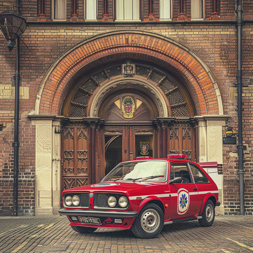 Red fire chief's car in front of historic fire station