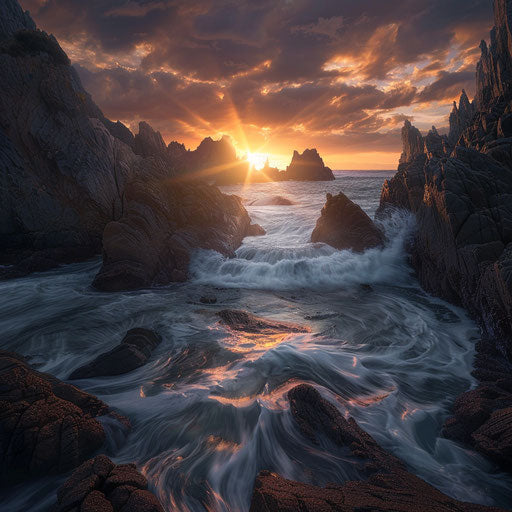 Rocky cove at sunrise with dramatic lighting