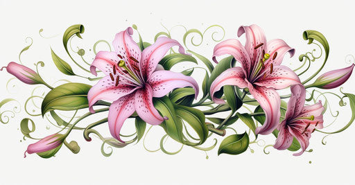 Lily tattoo design with vines and green leaves, in light pink and light magenta