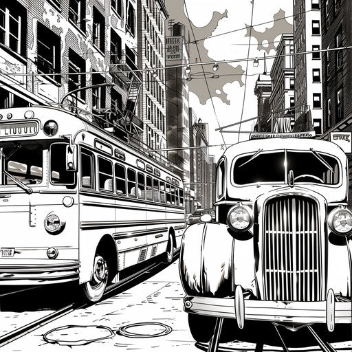 Noir detective story scene with buses in coloring book style