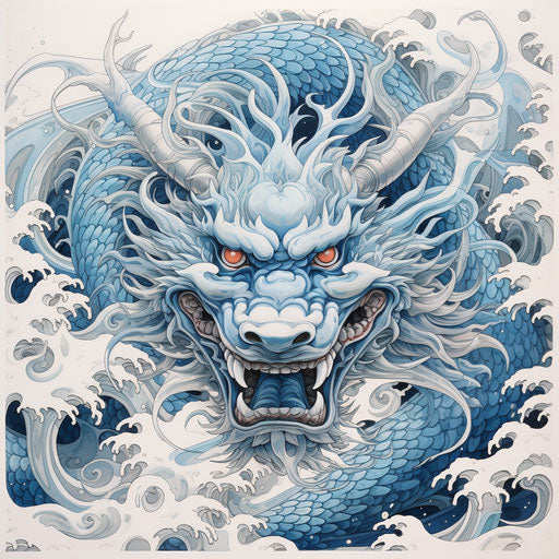Japanese dragon with blue and white stripes on white paper