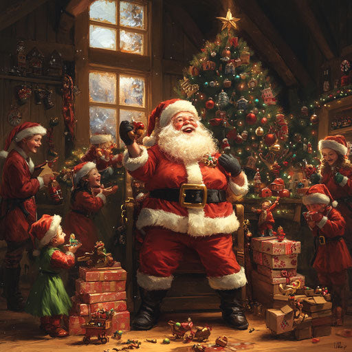 Santa Claus in his workshop with busy elves
