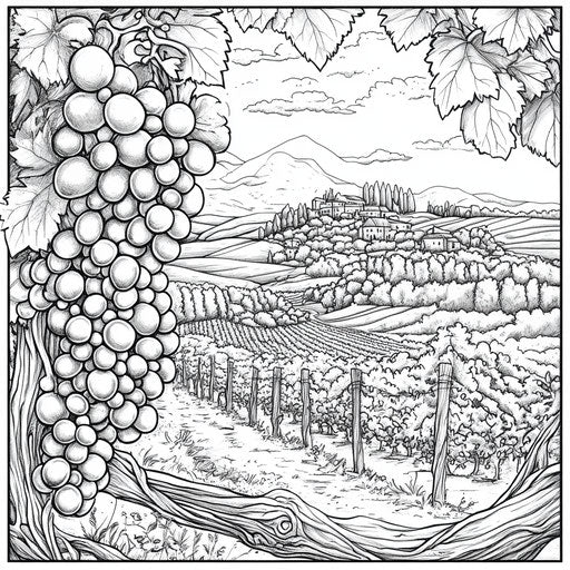 Grapes on a vineyard landscape in the style of Stephen Wiltshire Coloring book page