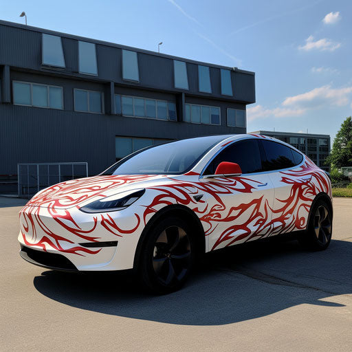 Custom decals following the contours of the Tesla model y