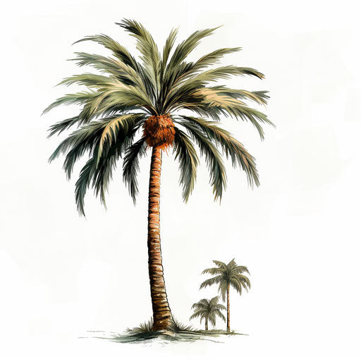 Palm tree drawing in the style of Chiaroscuro Art, on white background
