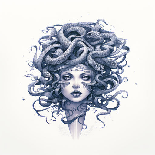 Medusa in loose linework art board print, gloomy, cobra, spirited portraits