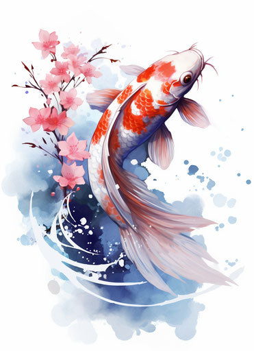 Koi fish with red stripes and cherry blossoms