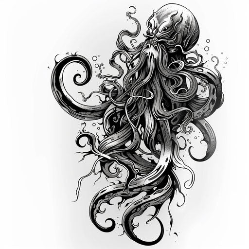 Kraken tattoo design, swirling tentacles in black and grey