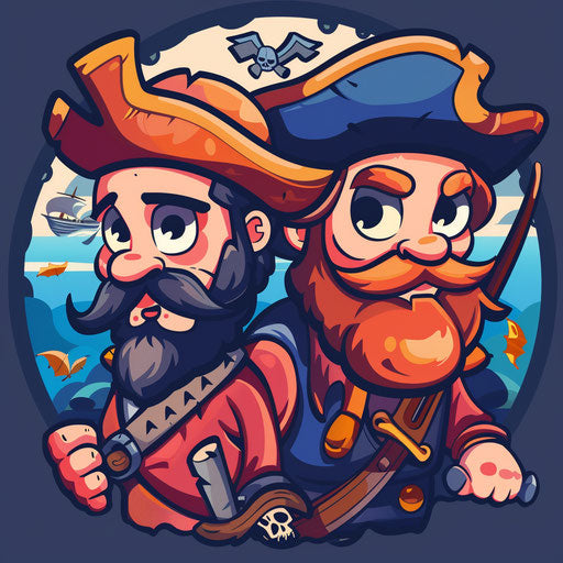 Cartoon logo with pirate theme and adventurous characters and nautical