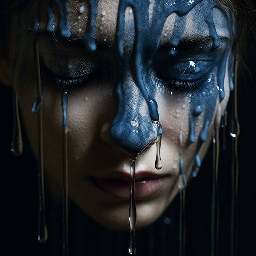 Tears falling on her face, style of dark azure and white